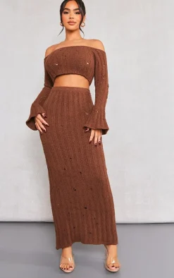 Best PrettyLittleThing Petite Distressed Rib Knit Maxi Skirt Chocolate