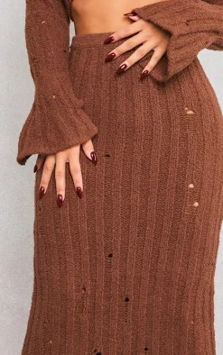 Best PrettyLittleThing Petite Distressed Rib Knit Maxi Skirt Chocolate