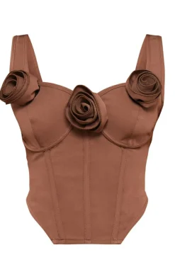 Clearance PrettyLittleThing Petite Extreme Rose Detail Corset Top Chocolate
