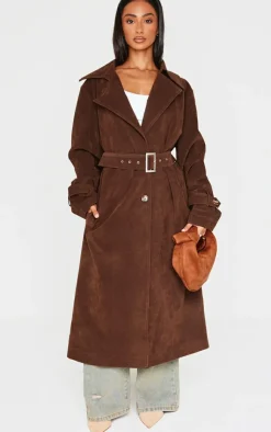 PrettyLittleThing Trench Coats*Petite Chocolate Faux Suede Belted Trench Coat
