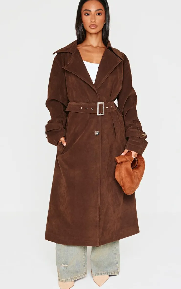 PrettyLittleThing Trench Coats*Petite Chocolate Faux Suede Belted Trench Coat