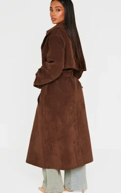 PrettyLittleThing Trench Coats*Petite Chocolate Faux Suede Belted Trench Coat