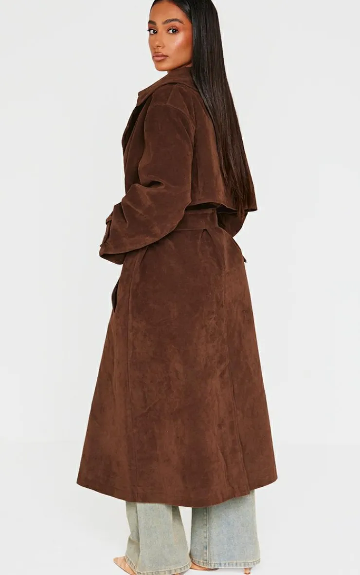 PrettyLittleThing Trench Coats*Petite Chocolate Faux Suede Belted Trench Coat