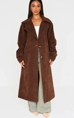 PrettyLittleThing Trench Coats*Petite Chocolate Faux Suede Belted Trench Coat
