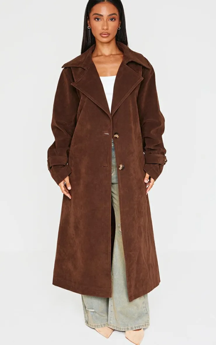 PrettyLittleThing Trench Coats*Petite Chocolate Faux Suede Belted Trench Coat