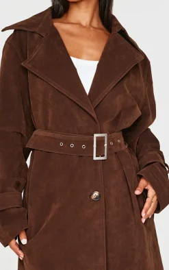 PrettyLittleThing Trench Coats*Petite Chocolate Faux Suede Belted Trench Coat