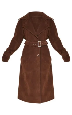 PrettyLittleThing Trench Coats*Petite Chocolate Faux Suede Belted Trench Coat