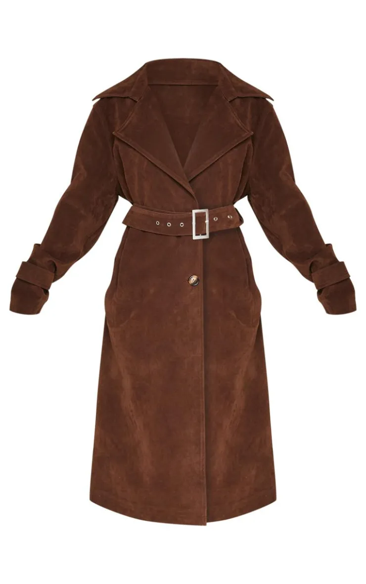 PrettyLittleThing Trench Coats*Petite Chocolate Faux Suede Belted Trench Coat