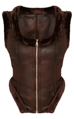 Petite Chocolate Faux Suede Sleeveless Dipped Hem Vest