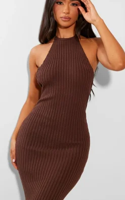 Petite Chocolate Knitted Open Back Maxi Dress
