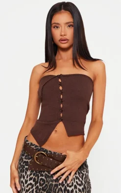 PrettyLittleThing Knitted Tops*Petite Chocolate Knitted Bandeau Button Down Top