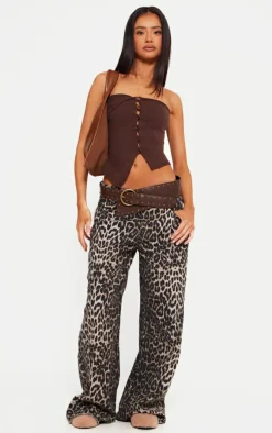 PrettyLittleThing Knitted Tops*Petite Chocolate Knitted Bandeau Button Down Top