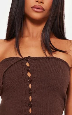 PrettyLittleThing Knitted Tops*Petite Chocolate Knitted Bandeau Button Down Top