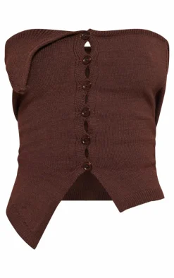 PrettyLittleThing Knitted Tops*Petite Chocolate Knitted Bandeau Button Down Top