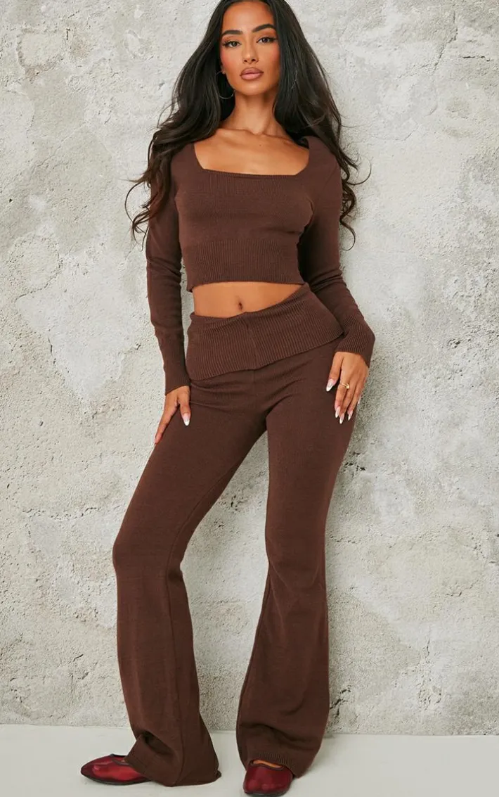 Petite Chocolate Knitted Wide Leg Flares