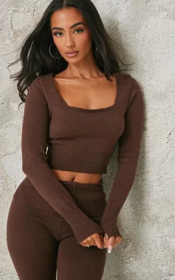 Outlet PrettyLittleThing Petite Knitted Long Sleeve Scoop Neck Crop Top Chocolate