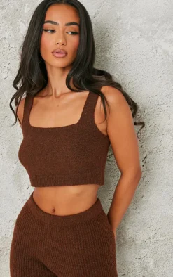 Clearance PrettyLittleThing Petite Rib Knit Crop Top Chocolate