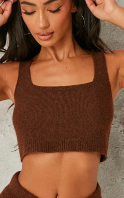 Clearance PrettyLittleThing Petite Rib Knit Crop Top Chocolate