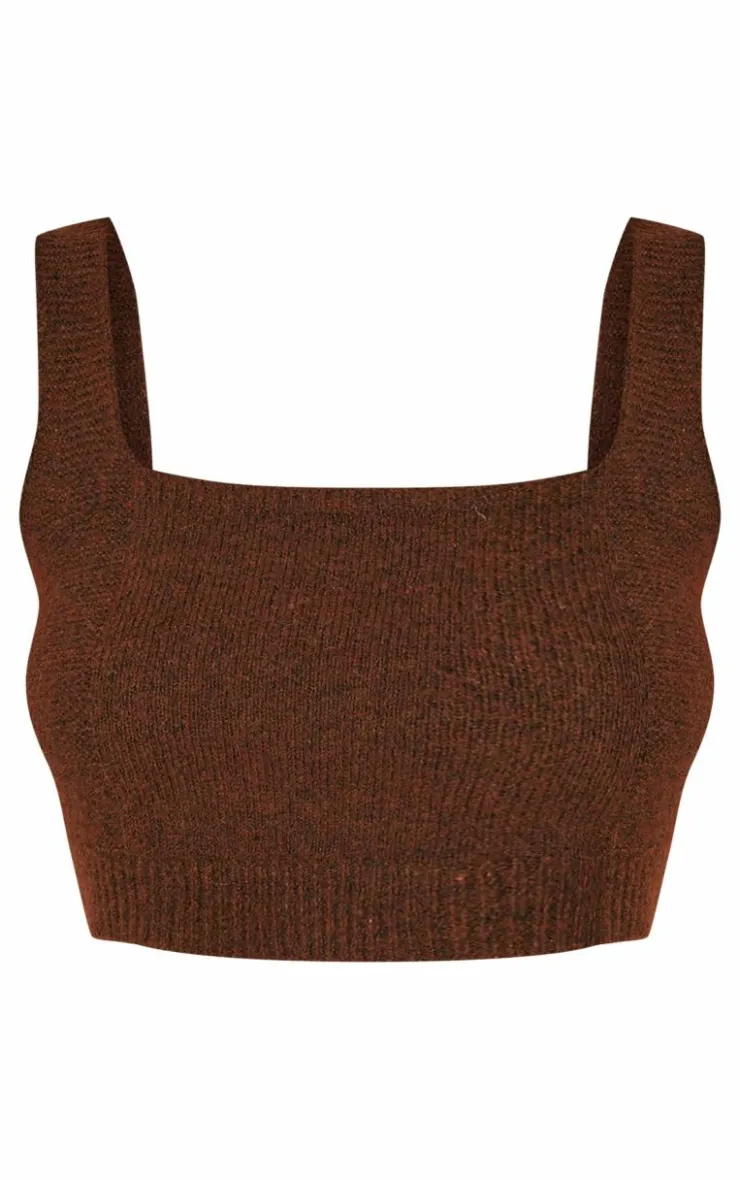 Clearance PrettyLittleThing Petite Rib Knit Crop Top Chocolate