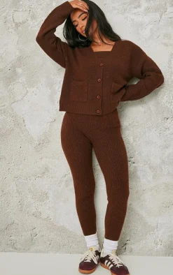Sale PrettyLittleThing Petite Rib Knit Leggings Chocolate