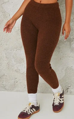 Sale PrettyLittleThing Petite Rib Knit Leggings Chocolate