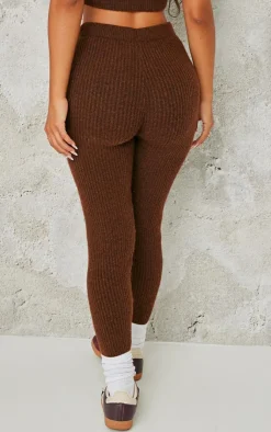 Sale PrettyLittleThing Petite Rib Knit Leggings Chocolate