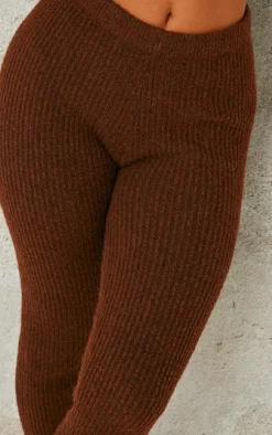 Sale PrettyLittleThing Petite Rib Knit Leggings Chocolate