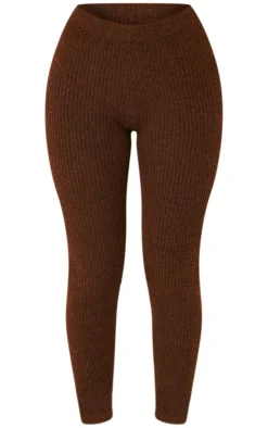 Sale PrettyLittleThing Petite Rib Knit Leggings Chocolate
