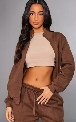 Discount PrettyLittleThing Petite Seam Detail Zip Through Track Top Chocolate