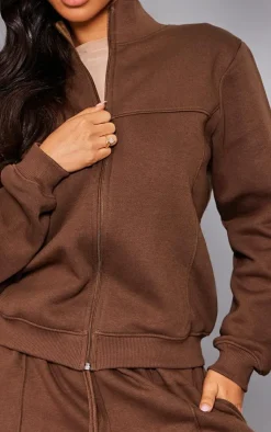 Discount PrettyLittleThing Petite Seam Detail Zip Through Track Top Chocolate