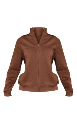Discount PrettyLittleThing Petite Seam Detail Zip Through Track Top Chocolate
