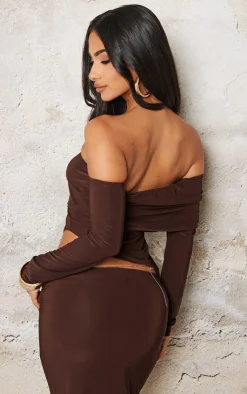 New PrettyLittleThing Petite Chocolate Slinky Asymmetric Bardot Long Top Chocolate.