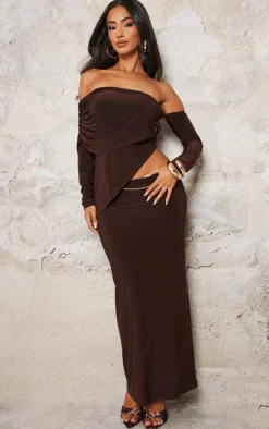 New PrettyLittleThing Petite Chocolate Slinky Asymmetric Bardot Long Top Chocolate.