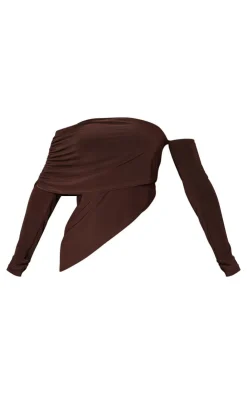 New PrettyLittleThing Petite Chocolate Slinky Asymmetric Bardot Long Top Chocolate.
