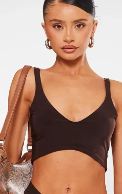 New PrettyLittleThing Petite Slinky Cut Out Waistband Maxi Skirt Chocolate