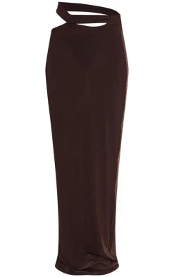 New PrettyLittleThing Petite Slinky Cut Out Waistband Maxi Skirt Chocolate