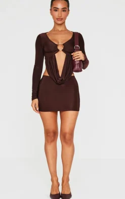 Outlet PrettyLittleThing Petite Slinky Low Rise Micro Mini Skirt Chocolate