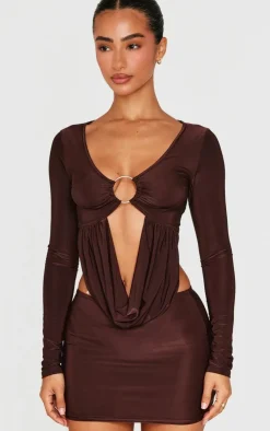 Outlet PrettyLittleThing Petite Slinky Low Rise Micro Mini Skirt Chocolate