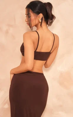 Discount PrettyLittleThing Petite Chocolate Slinky Strappy Bralet Chocolate.