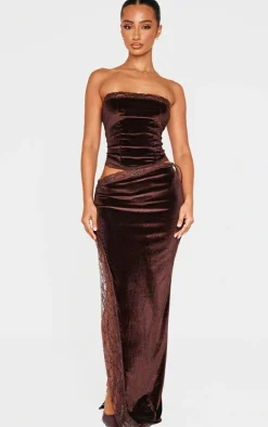 Hot PrettyLittleThing Petite Velvet Lace Trim Detail Maxi Skirt Chocolate