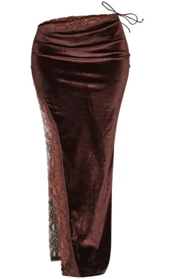Hot PrettyLittleThing Petite Velvet Lace Trim Detail Maxi Skirt Chocolate
