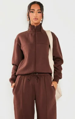 PrettyLittleThing Petite Seam Detail Zip Through Track Top Coffee