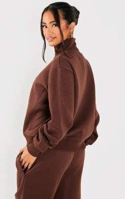 PrettyLittleThing Petite Seam Detail Zip Through Track Top Coffee