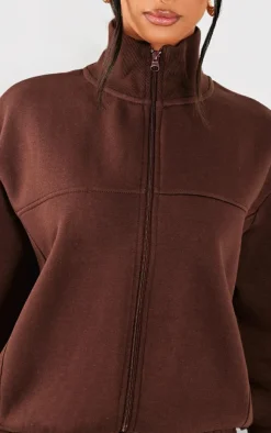 PrettyLittleThing Petite Seam Detail Zip Through Track Top Coffee