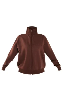 PrettyLittleThing Petite Seam Detail Zip Through Track Top Coffee