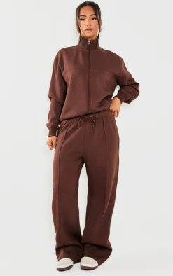 New PrettyLittleThing Petite Seam Detail Straight Leg Sweatpants Coffee
