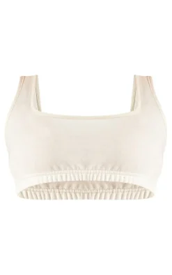 Online PrettyLittleThing Petite Acid Wash Elasticated Crop Top Cream
