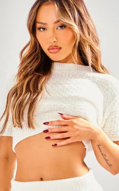 Clearance PrettyLittleThing Petite Boucle Cap Sleeve Crop Top Cream