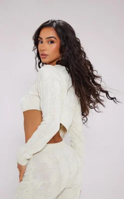 PrettyLittleThing Knitted Two Piece Sets*Petite Cable Knit Asymmetric Hem Sweater