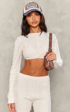 Sale PrettyLittleThing Petite Cable Knit Extreme Cropped Cardigan Cream